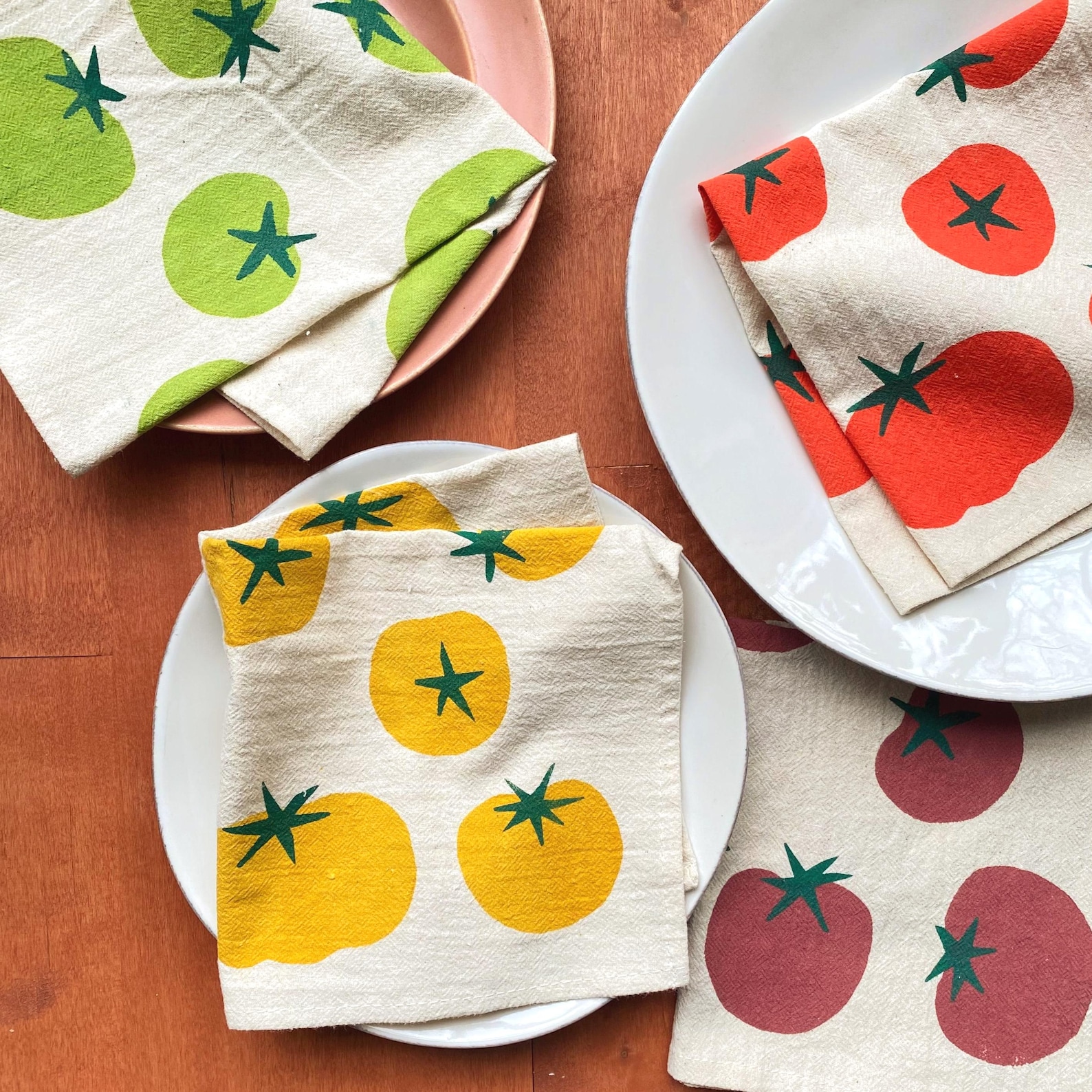 Mini Tea Towel Napkins, Set of 4, Hand Printed Tomatoes, Natural Cotton