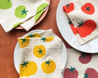 Flour Sack Cotton Napkins, Hand Printed Homegrown Tomatoes, Singles or Sets