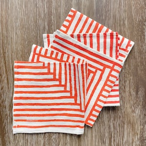 Flour sack cloth napkins, Set of 4, Hand printed natural cotton: Tangerine Painterly Stripes