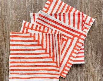 Flour sack cloth napkins, Set of 4, Hand printed natural cotton: Tangerine Painterly Stripes