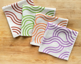 Flour sack cloth napkins, Set of 4, Hand printed natural cotton: Winding Loops, Warm Tones