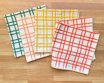 Everyday Cloth Napkins, Set of 4, Handprinted Flour Sack Cotton, Warm Painterly Plaid