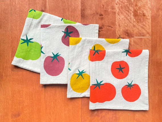 Mehlsack Baumwoll-Servietten, handgedruckte Tomaten, Einzeln oder Sets
