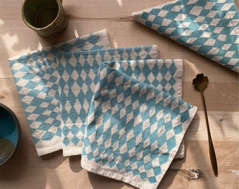 Cloth napkins, Set of 4, Hand printed natural flour sack cotton: Faded denim blue diamond check