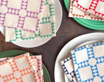 Flour Sack Cotton Napkins, Hand Printed Quilt Block Pattern, Singles or Sets