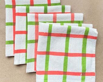 Cloth napkins, Set of 4, Hand printed natural cotton, Poppy and Matcha Blocky Plaid