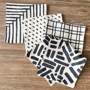 Cloth napkins, Set of 4, Hand printed natural flour sack cotton: Inky Black Mix and Match Brushstrokes Patterns