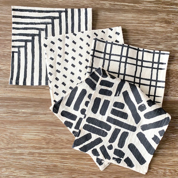 Cloth napkins, Set of 4, Hand printed natural flour sack cotton: Inky Black Mix and Match Brushstrokes Patterns