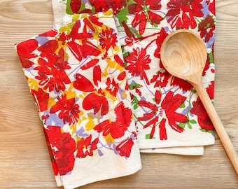 Hand Printed Flour Sack Cotton Tea Towel, Red Wildflowers