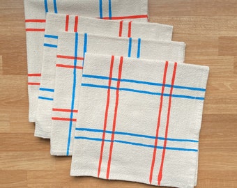 Cloth napkins, Set of 4, Hand printed natural flour sack cotton: Peacock and Tangerine