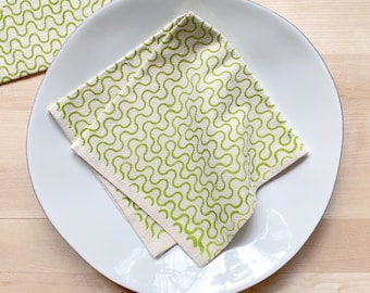 Cloth napkins, Set of 4, Hand printed natural flour sack cotton: Matcha green all over squiggle pattern