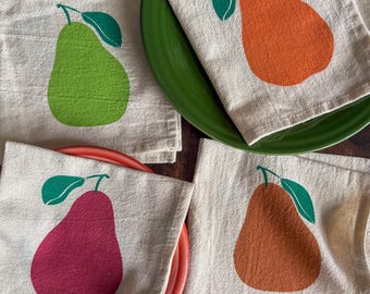 Flour Sack Cotton Napkins, Hand Printed Pears Pattern, Singles or Sets