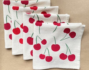 Cherry cloth napkins, Set of 4, Hand printed natural cotton: Classic Red