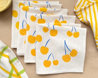 Cherry cloth napkins, Set of 4, Hand printed natural cotton: Yellow