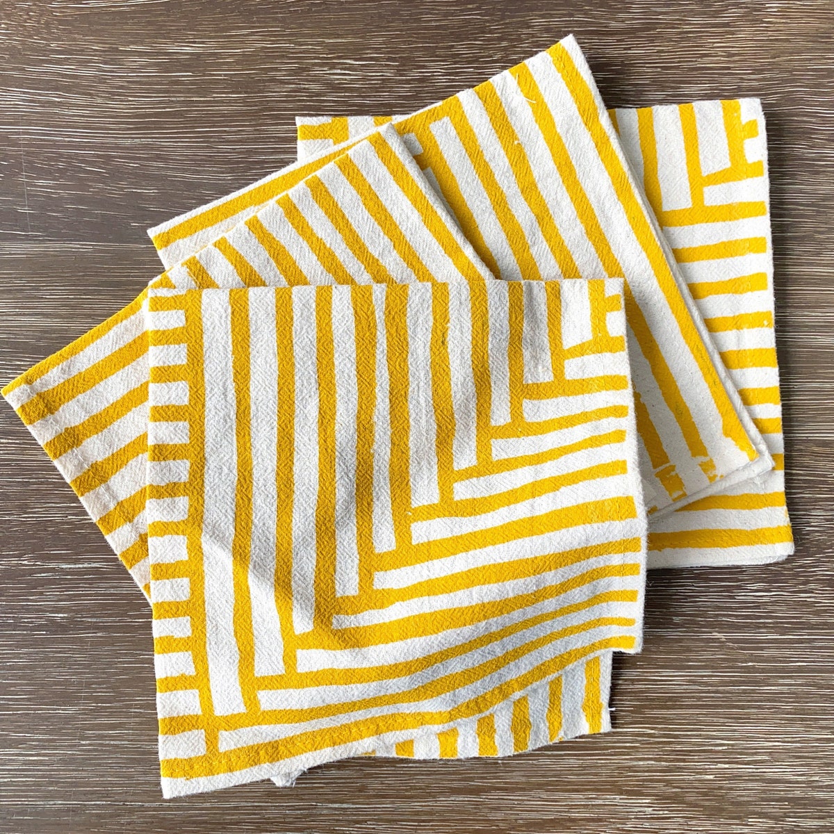 Flour sack cloth napkins, Set of 4, Hand printed natural cotton: Goldenrod Painterly Stripes