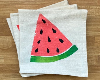 Watermelon napkins, Set of 4, Hand printed natural flour sack cotton