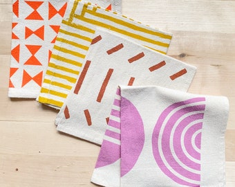 Set of 4 assorted cloth napkins, Hand printed flour sack cotton: Mix and match patterns