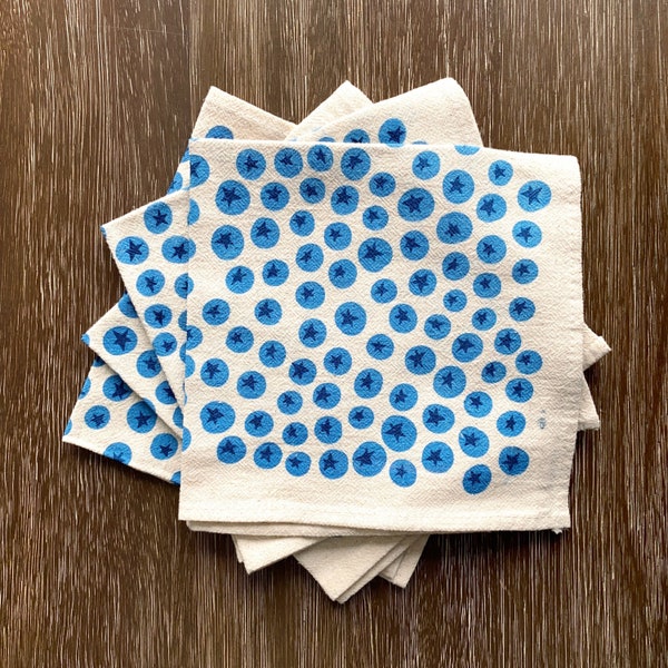 Lot de 4 serviettes en tissu imprimé myrtilles, sac de farine naturelle en coton imprimé à la main : bleu classique