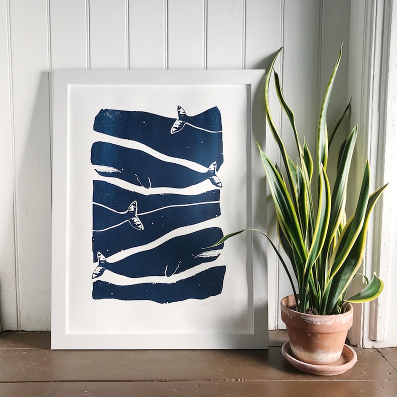 Hand printed wall art, Ready to frame whale print, 18x24 inches 