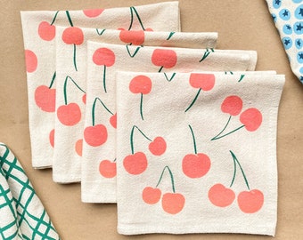 Cherry cloth napkins, Set of 4, Hand printed natural cotton: Peachy Pink