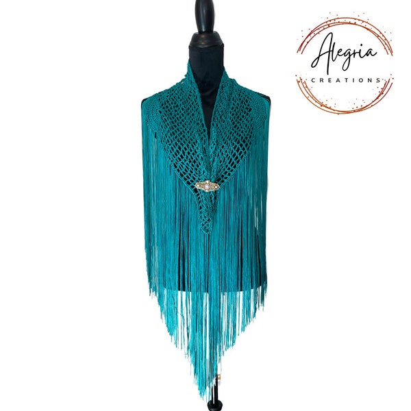 Teal Flamenco Shawl Manton Mantoncillo  Fringe Wrap