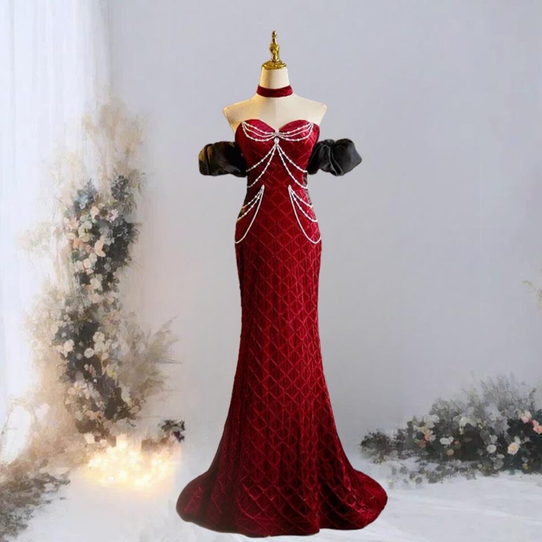 burgundy velvet prom dress