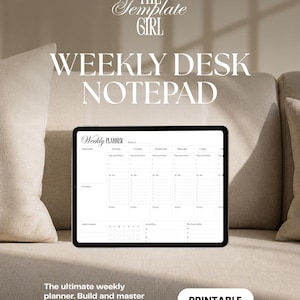 Puede incluir: Una tableta digital que muestra una plantilla de planificador semanal con secciones para prioridades, listas de tareas, notas, un rastreador de hábitos, plan de comidas y rutina de ejercicios. La pantalla muestra el texto Weekly Planner.