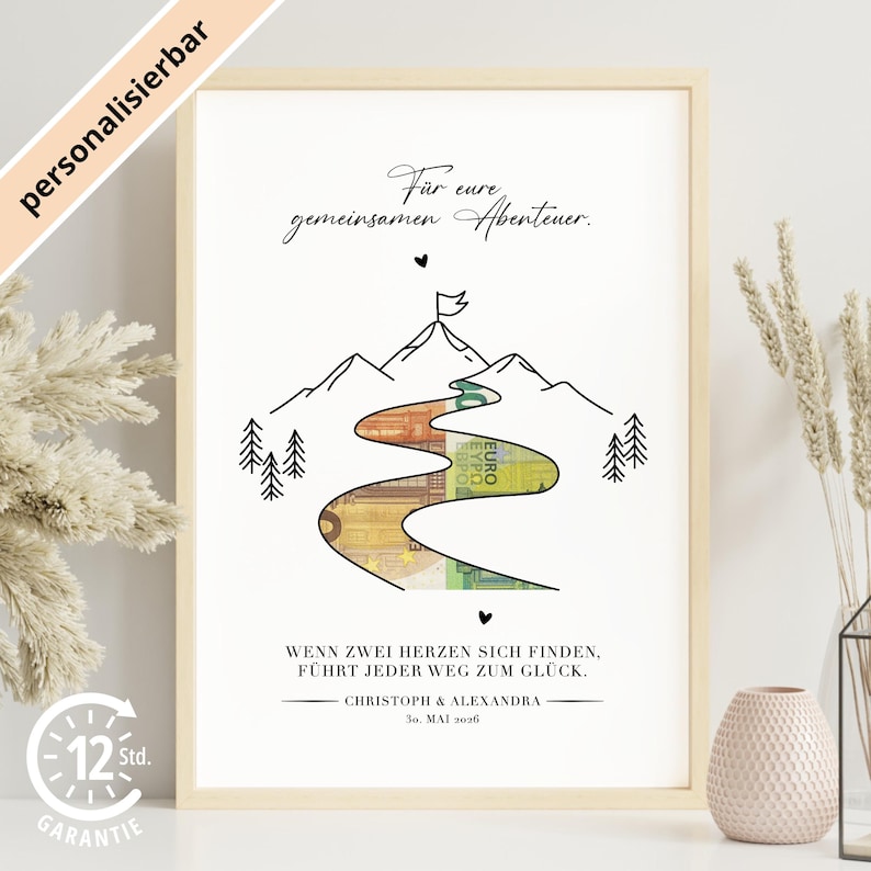 Druckvorlage für ein personalisiertes Bild zur Hochzeit, wenn man Geld für die Flitterwochen verschenken möchte. In der Illustration ist eine Landschaft mit Fluss und Bergen zu sehen. Hinter dem ausgeschnittenen Fluss sieht man Geldscheine, die dahinter befestigt sind. Darunter stehen die Namen des Brautpaars und das Datum der Hochzeit.