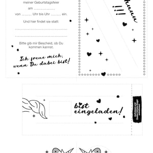 May include: A printable invitation card with a unicorn theme. The card features a unicorn head with a mane and horn, and the text "Juhunu!!!" and "bist eingeladen!" in black. The card is decorated with stars and hearts.