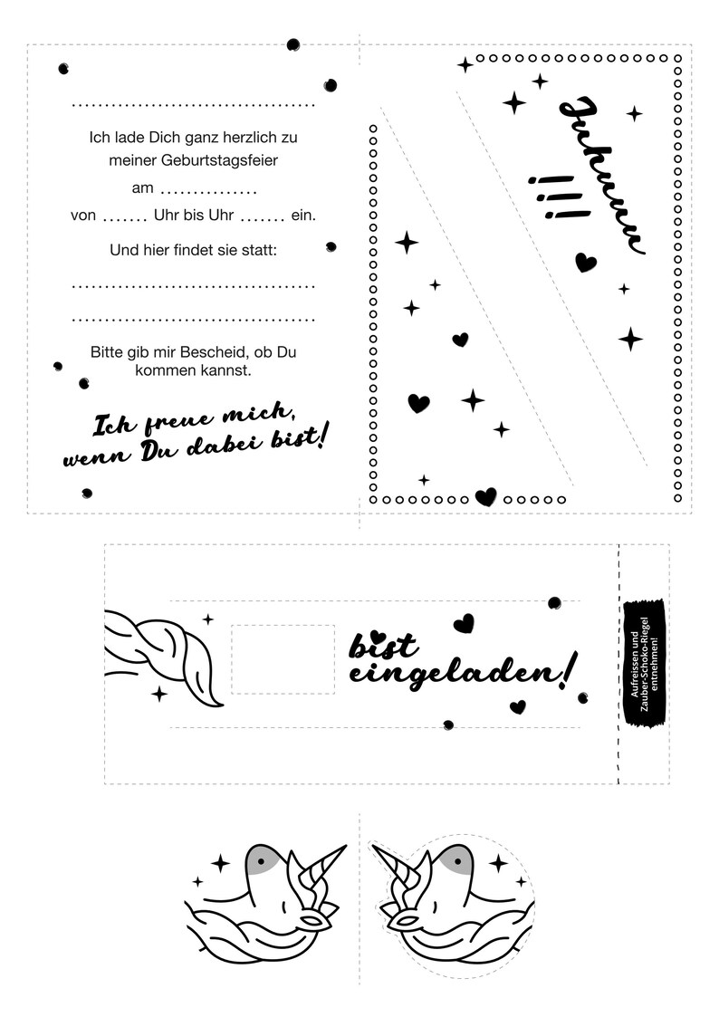 May include: A printable invitation card with a unicorn theme. The card features a unicorn head with a mane and horn, and the text "Juhunu!!!" and "bist eingeladen!" in black. The card is decorated with stars and hearts.
