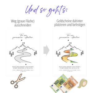 May include: A white instructional card with black line art of mountains, trees, and a winding path. Text reads: Und so gehts: Weg (graue Fl&auml;che) ausschneiden, Geldscheine dahinter platzieren und befestigen, F&uuml;r eure gemeinsamen Abenteuer, WENN ZWEI HERZEN SICH FINDEN, F&Uuml;HRT JEDER WEG ZUM GL&Uuml;CK, CHRISTOPH & ALEXANDRA, So. MAI 2026.