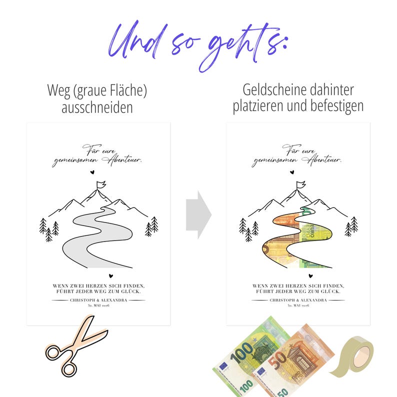 May include: A white instructional card with black line art of mountains, trees, and a winding path. Text reads: Und so gehts: Weg (graue Fl&auml;che) ausschneiden, Geldscheine dahinter platzieren und befestigen, F&uuml;r eure gemeinsamen Abenteuer, WENN ZWEI HERZEN SICH FINDEN, F&Uuml;HRT JEDER WEG ZUM GL&Uuml;CK, CHRISTOPH & ALEXANDRA, So. MAI 2026.