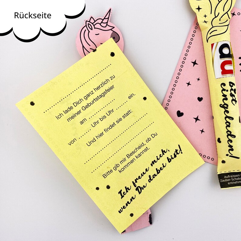 May include: A yellow and pink birthday party invitation with a unicorn illustration and the text "Ich lade Dich ganz herzlich zu meiner Geburtstagsfeier am ... Uhr bis Uhr. Und hier findet sie statt: ... ein. Bitte gib mir Bescheid, ob Du kommen kannst. Ich freue mich, wenn Du dabei bist!"
