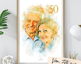 Custom 50th Wedding Anniversary Gift, Watercolor Couple Portrait, Wedding Keepsake, Custom Gold Wedding Gift | Personalized Portrait