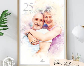 Custom 25th Wedding Anniversary Gift, Watercolor Couple Portrait, Wedding Keepsake, Custom Silver Wedding Gift | Personalized Portrait