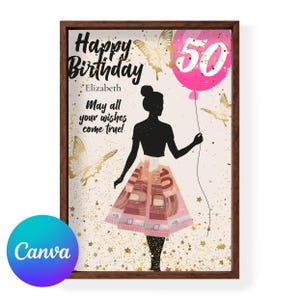 Geldgeschenk Karte Poster Geburtstag 16 18 20 30 40 50 Alter Name anpassbar Canva Template | Geburtstagsgeschenk Wanddeko Freundin Frau
