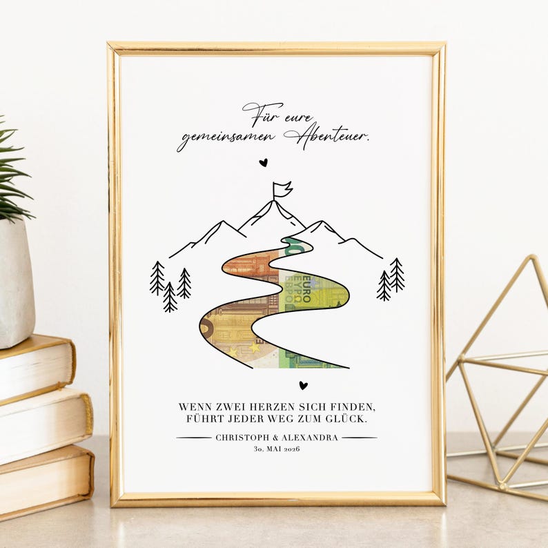 Personalisierte Druckvorlage Geldgeschenk zur Hochzeit. Ein kreatives Geschenk fürs Brautpaar mit Namen und Datum. Auf dem Bild ist eine Landschaft mit einem Fluss und Bergen – als minimalistische Zeichnung. Der Fluss ist ausgeschnitten, dahinter sind Geldscheine platziert, die auf der Vorderseite sichtbar werden.
