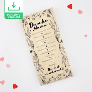 Modèle d'impression emballage cadeau chocolat fête des mères | Idée cadeau pour la fête des mères, modèle de bricolage, papier d'emballage pour barre chocolatée, merci maman, PDF