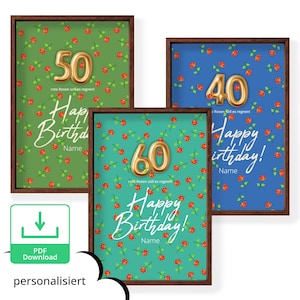 Modelo de impressão de cartão de aniversário personalizado para impressão de flores, pôster A4, aniversário, mulher, feliz aniversário, rosas, presente, download digital