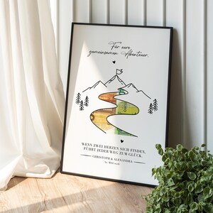 Kreatives Geldgeschenk zur Hochzeit: ein gezeichnetes Bild einer Landschaft mit Fluss und Bergen. Der Fluss ist ausgeschnitten und mit Geld hinterlegt – das ideale Geschenk fürs Brautpaar, wenn man zur Hochzeit Geld verschenken möchte. Zudem ist das Bild personalisiert mit Namen und Datum, was das Hochzeitsgeschenk einzigartig macht.
