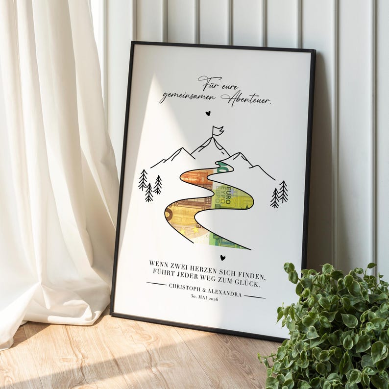 Kreatives Geldgeschenk zur Hochzeit: ein gezeichnetes Bild einer Landschaft mit Fluss und Bergen. Der Fluss ist ausgeschnitten und mit Geld hinterlegt – das ideale Geschenk fürs Brautpaar, wenn man zur Hochzeit Geld verschenken möchte. Zudem ist das Bild personalisiert mit Namen und Datum, was das Hochzeitsgeschenk einzigartig macht.