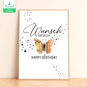 Regalo de cumpleaños en efectivo para cumplir deseos | Póster con idea de regalo de cumpleaños para novia y esposa | Descargar PDF | Feliz cumpleaños y aniversario