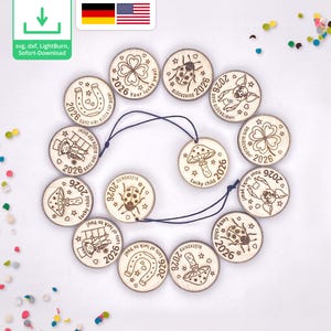Archivo láser SVG amuleto de la suerte 2026 regalo de invitado | Decoración fiesta de Nochevieja decoraciones dispersas souvenirs | Imán para nevera de madera cortada con láser