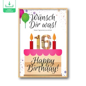 Digitales Geldgeschenk 16 Geburtstag | Ideen Geburtstagsgeschenke Geld 16 Jahre | Idee personalisiertes Geschenk Geburtstag 16 Jahrestag PDF