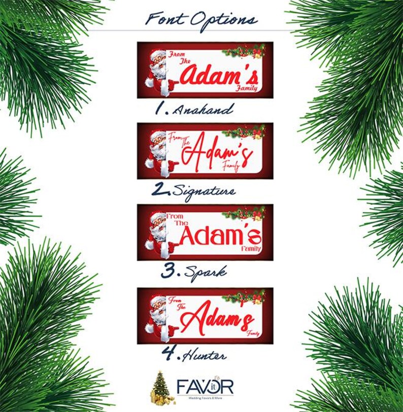 以下が含まれることがあります： パーソナライズされたクリスマスの家族名サイン用の4つのフォントオプションを示すグラフィック。各デザインは、異なるフォントスタイルで「Adam's Family」という名前を特徴とし、サンタクロースのイラストとお祝いの休日のアクセントが添えられています。