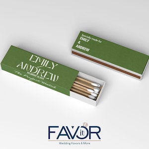 May include: Green matchboxes with white text that reads "EMILY & ANDREW" and "The Perfect Match." One box is open, revealing matches. The other box reads "Specially made for EMILY & ANDREW."