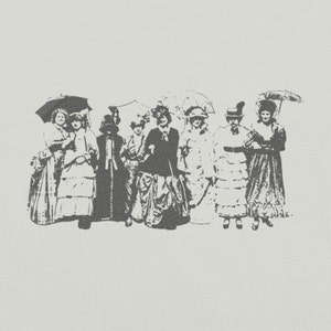 May include: A black and white illustration of a group of people wearing hats and holding umbrellas. The people are dressed in Victorian-era clothing.