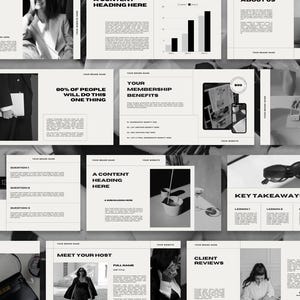 May include: Black and white image of a presentation with text and images. The text includes "A Content Heading Here", "Your Membership Benefits", "Meet Your Host", "Client Reviews", "Key Takeaways", and "About Us". The images include a person, a graph, a phone, a cup, and sunglasses.
