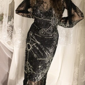 beaded sun and moon dress Black Lace Sheer See-through Handmade Celestial Design 'nothing Matters' Goth Whimsical BTS2026 Size:2XL (18-18.5 / 36-37) The Starry Night Dress Chic Black Dress -