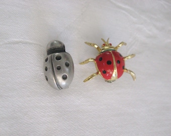 Ladybug Pins / Pair of Tiny Bug Brooches / Pewter from Sweden